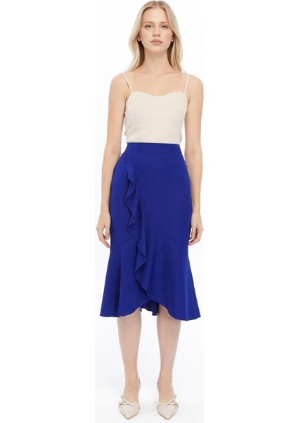 Kadın Saks Mevsimlik Volanlı Midi Boy Krep Etek 2123-80