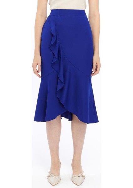 Kadın Saks Mevsimlik Volanlı Midi Boy Krep Etek 2123-80