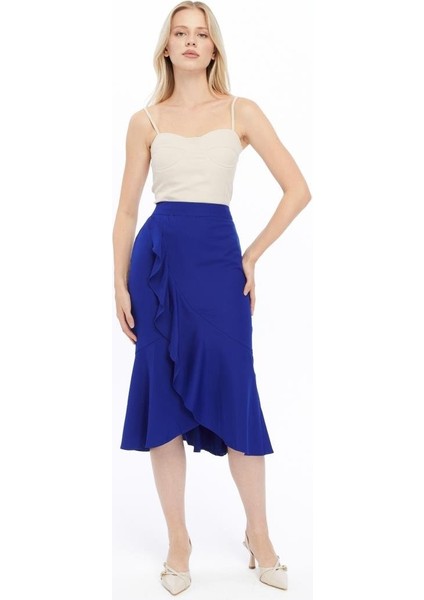 Kadın Saks Mevsimlik Volanlı Midi Boy Krep Etek 2123-80