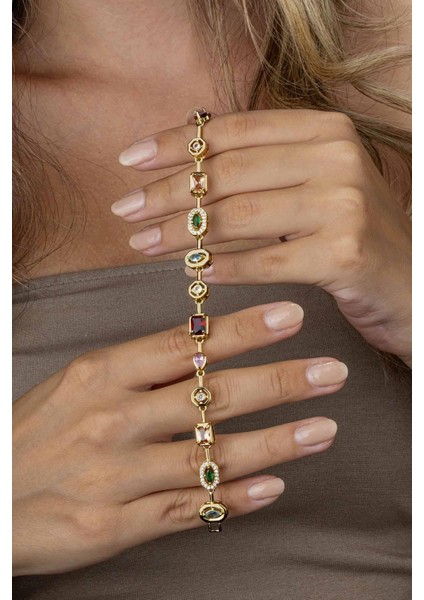 Altın Kaplama Sıralı Renkli Taş Kadın Çelik Bileklik modelleri