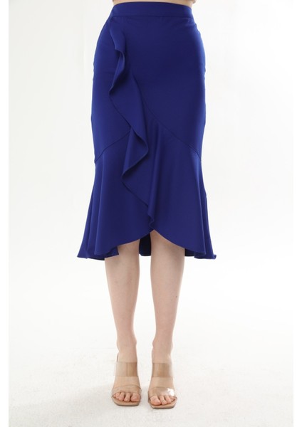 Kadın Saks Mevsimlik Volanlı Midi Boy Krep Etek 2123-80