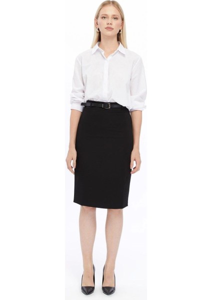 Kadın Siyah Kemer Detaylı Likralı Ofis Kalem Etek 1580-63