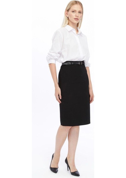 Kadın Siyah Kemer Detaylı Likralı Ofis Kalem Etek 1580-63