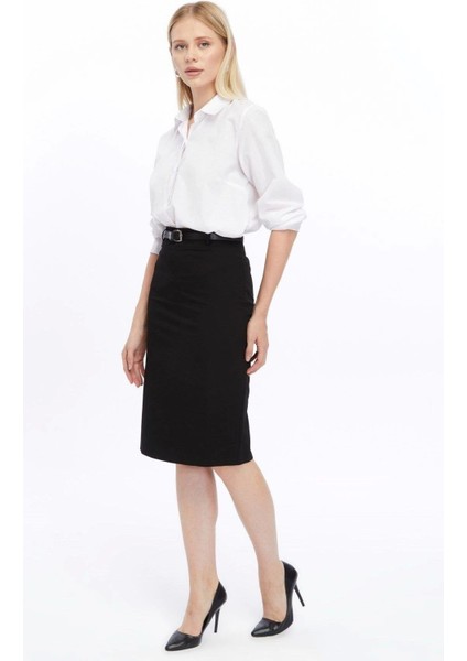 Kadın Siyah Kemer Detaylı Likralı Ofis Kalem Etek 1580-63