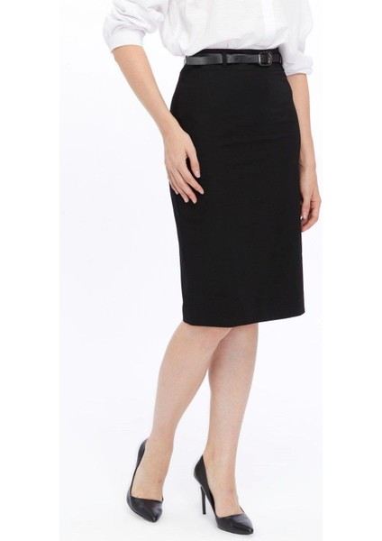 Kadın Siyah Kemer Detaylı Likralı Ofis Kalem Etek 1580-63