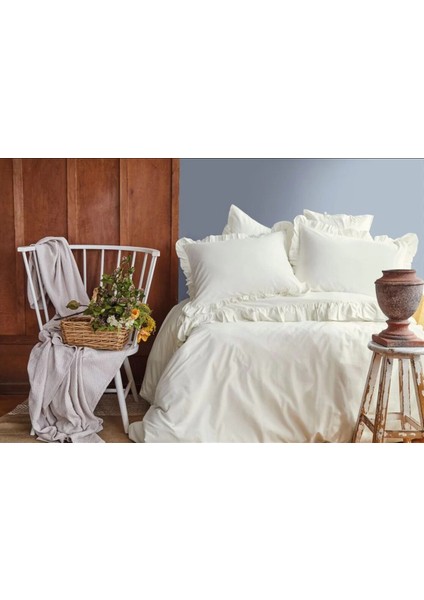 Frill Yıkanmış %100 Pamuk Poplin Vanilya Çift Kişilik Nevresim Takımı