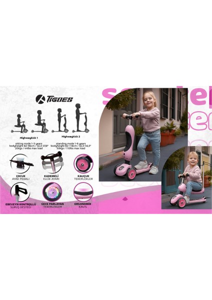 Premium Oturaklı Pembe Scooter 3 Tekerlekli LED Işıklı Scooter Yükseklik Ayarlı 1-6 Yaş