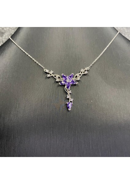 925 Ayar Gümüş Mor Taşlı Gize-M-Li Çiçek Kolye