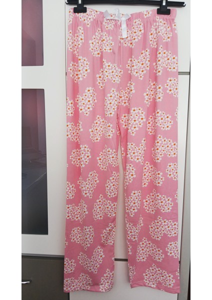 Beyaz Papatya Kalp Desenli Pembe Kumaş Pijama Alt -BK1000021