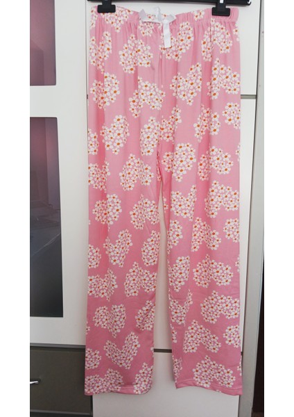 Beyaz Papatya Kalp Desenli Pembe Kumaş Pijama Alt -BK1000021