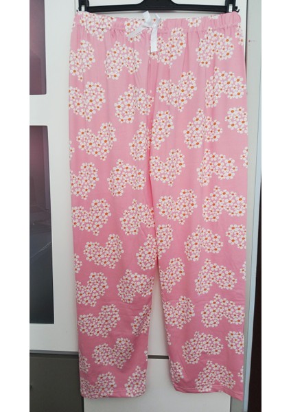 Beyaz Papatya Kalp Desenli Pembe Kumaş Pijama Alt -BK1000021