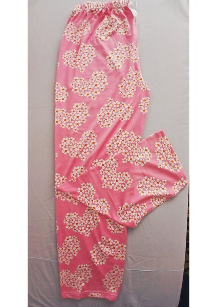Beyaz Papatya Kalp Desenli Pembe Kumaş Pijama Alt -BK1000021