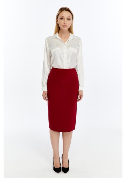 Kadın Bordo Beli Lastikli Mevsimlik Yırtmaç Detaylı Ofis Etek 1903-70