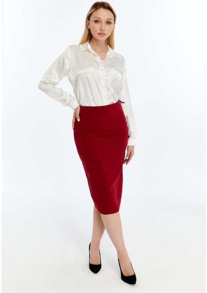 Kadın Bordo Beli Lastikli Mevsimlik Yırtmaç Detaylı Ofis Etek 1903-70 indirimleri