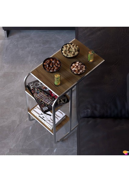 C Yan Sehpa Dar Boy Tekerlekli Çalışma, Atıştırmalık, Yemek, Laptop Sehpası Ceviz