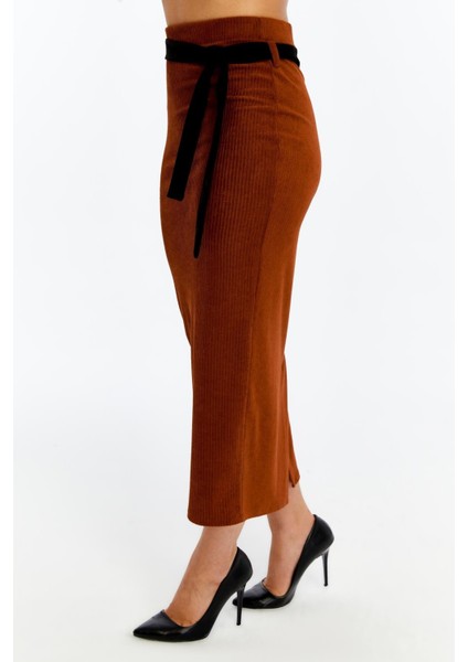 Kadın Kiremit Kadife Suvet Kuşak Detaylı Kışlık Kalem Etek 2111-90