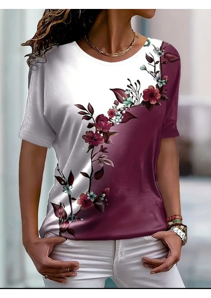 piratikcozumshop BURGUNDY kadın Tişört Gradyan çiçek baskılı bordo dan