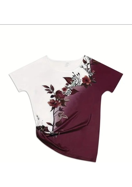 piratikcozumshop BURGUNDY kadın Tişört Gradyan çiçek baskılı bordo dan fiyatları