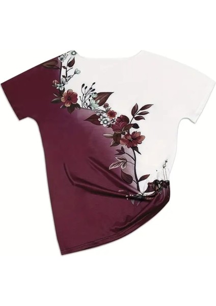piratikcozumshop BURGUNDY kadın Tişört Gradyan çiçek baskılı bordo dan fırsatları