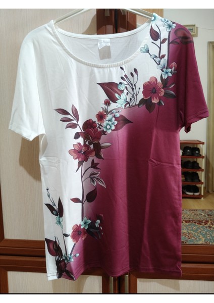 piratikcozumshop BURGUNDY kadın Tişört Gradyan çiçek baskılı bordo dan modelleri