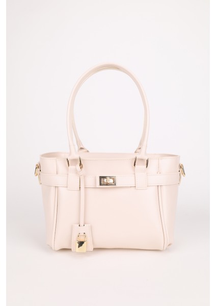 Kadın Kemer ve Kilit Charm Detaylı Fermuar Kapamalı El ve Omuz Çantası Lotus Krem