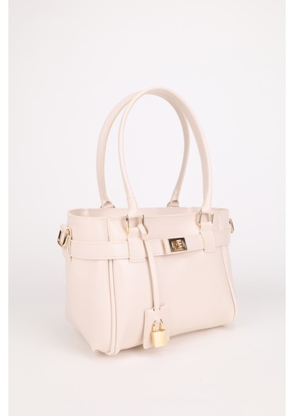 Kadın Kemer ve Kilit Charm Detaylı Fermuar Kapamalı El ve Omuz Çantası Lotus Krem fiyatları