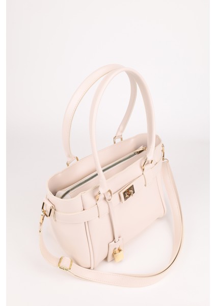 Kadın Kemer ve Kilit Charm Detaylı Fermuar Kapamalı El ve Omuz Çantası Lotus Krem modelleri