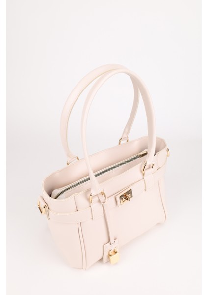 Kadın Kemer ve Kilit Charm Detaylı Fermuar Kapamalı El ve Omuz Çantası Lotus Krem fırsatları