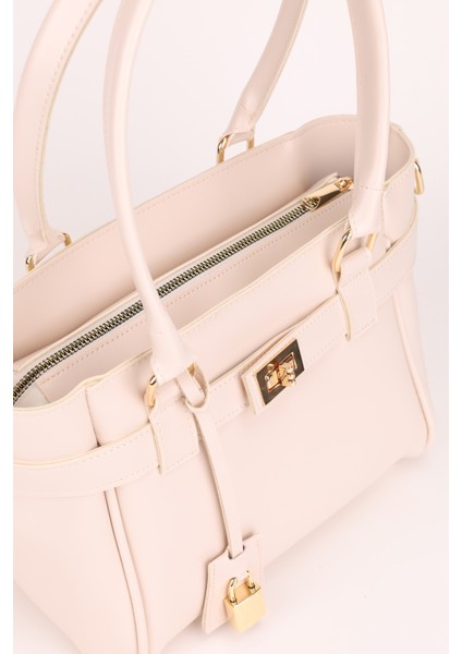 Kadın Kemer ve Kilit Charm Detaylı Fermuar Kapamalı El ve Omuz Çantası Lotus Krem indirimleri