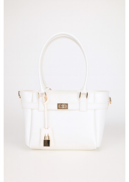 Kadın Kemer ve Kilit Charm Detaylı Fermuar Kapamalı El ve Omuz Çantası Lotus Beyaz