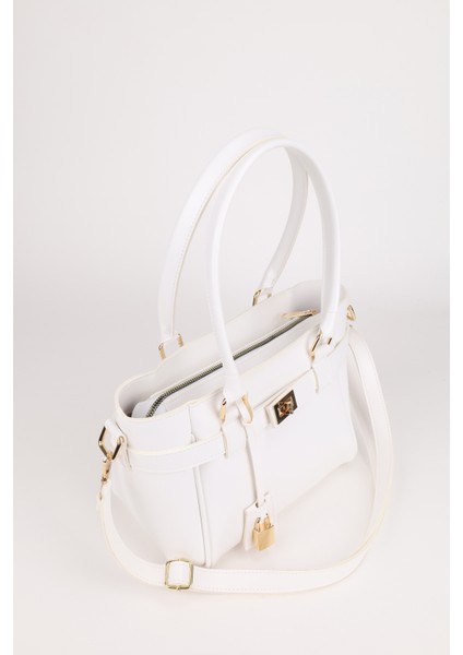 Kadın Kemer ve Kilit Charm Detaylı Fermuar Kapamalı El ve Omuz Çantası Lotus Beyaz modelleri