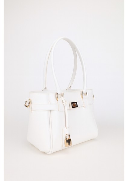 Kadın Kemer ve Kilit Charm Detaylı Fermuar Kapamalı El ve Omuz Çantası Lotus Beyaz fırsatları