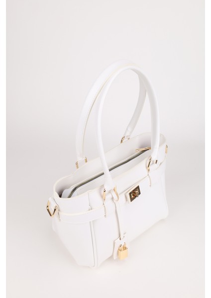 Kadın Kemer ve Kilit Charm Detaylı Fermuar Kapamalı El ve Omuz Çantası Lotus Beyaz indirimleri