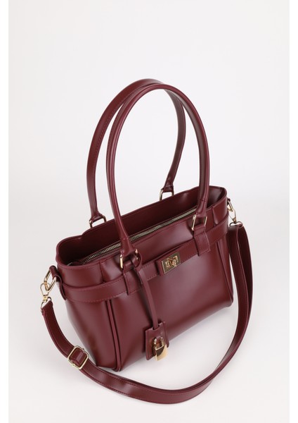 Kadın Kemer ve Kilit Charm Detaylı Fermuar Kapamalı El ve Omuz Çantası Lotus Bordo modelleri