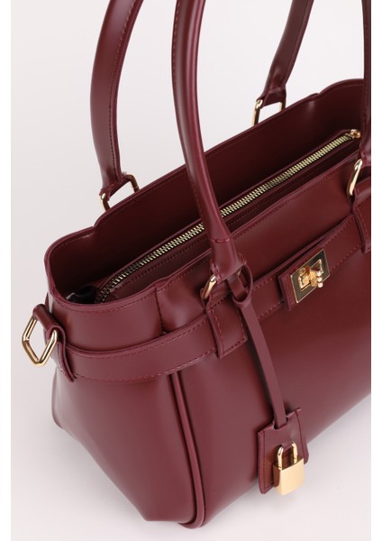 Kadın Kemer ve Kilit Charm Detaylı Fermuar Kapamalı El ve Omuz Çantası Lotus Bordo fırsatları
