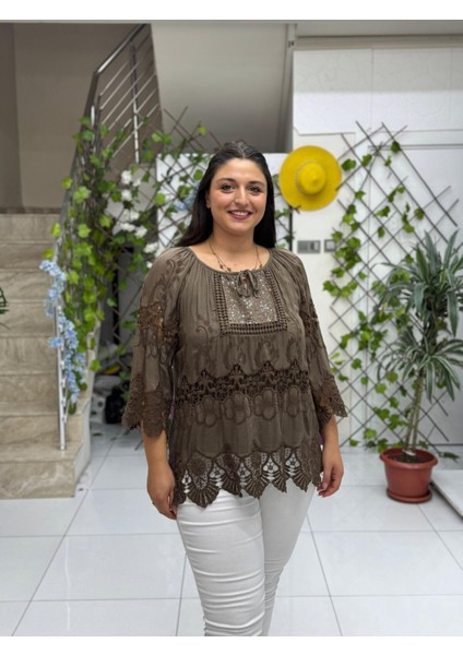 NC20428 Italyan Klasik Ipek Bluz Kahve