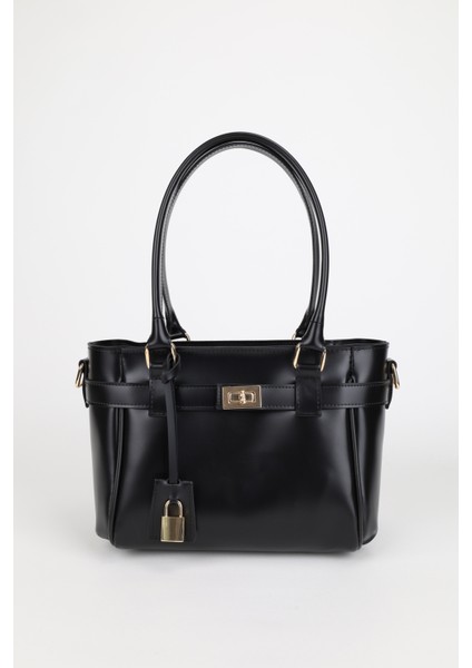 Kadın Kemer ve Kilit Charm Detaylı Fermuar Kapamalı El ve Omuz Çantası Lotus Siyah