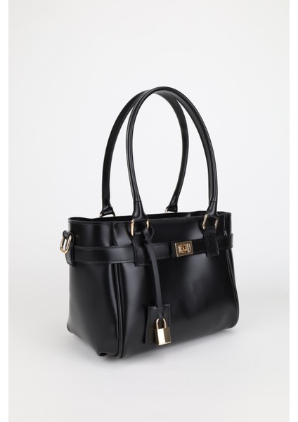 Kadın Kemer ve Kilit Charm Detaylı Fermuar Kapamalı El ve Omuz Çantası Lotus Siyah fiyatları