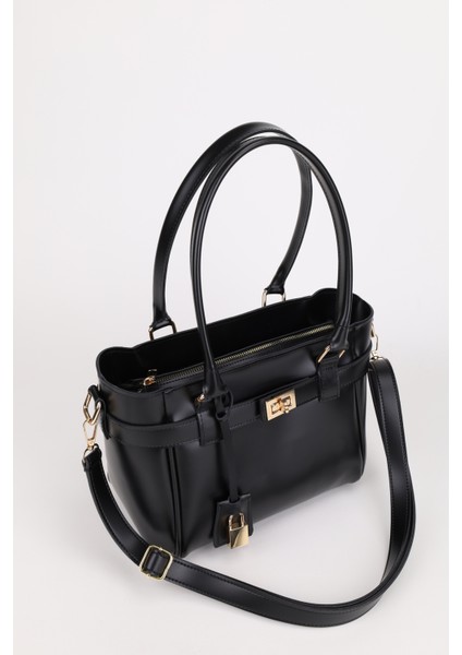 Kadın Kemer ve Kilit Charm Detaylı Fermuar Kapamalı El ve Omuz Çantası Lotus Siyah modelleri