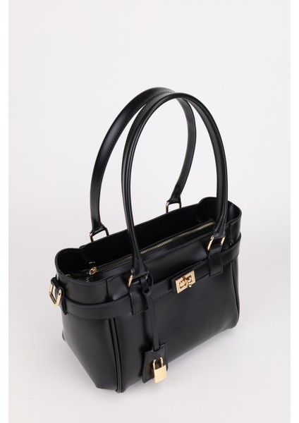 Kadın Kemer ve Kilit Charm Detaylı Fermuar Kapamalı El ve Omuz Çantası Lotus Siyah fırsatları