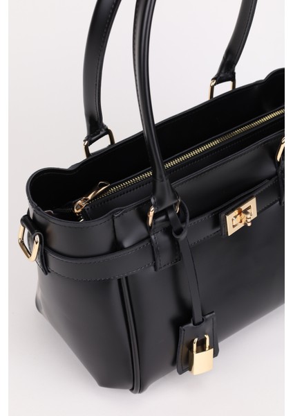 Kadın Kemer ve Kilit Charm Detaylı Fermuar Kapamalı El ve Omuz Çantası Lotus Siyah indirimleri