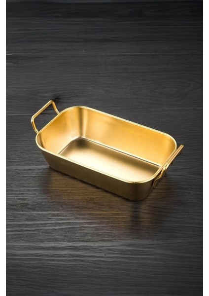 Gold Paslanmaz Çelik Dikdörtgen Sunum Tavası – Kulplu Servis Kabı Sosluk 17 cm