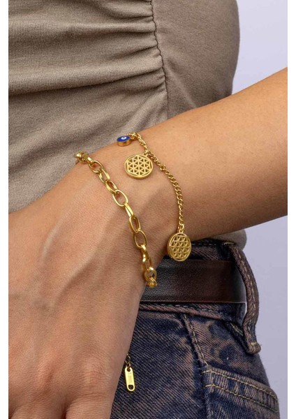 Altın Kaplama Çift Zincirli Nazar Boncuklu Charm Çelik Bileklik fiyatları
