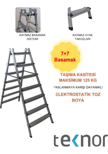 Çift Taraflı Dayanıklı 7+7 Metal Basamaklı Merdiven