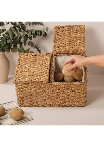 Fabien - 2 Bölmeli Iç Korumalı Hasır Kapaklı Çok Amaçlı Patates ve Soğan Sepeti