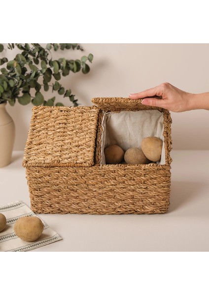 Fabien - 2 Bölmeli Iç Korumalı Hasır Kapaklı Çok Amaçlı Patates ve Soğan Sepeti