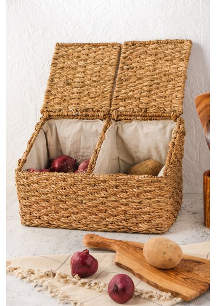 Fabien - 2 Bölmeli Iç Korumalı Hasır Kapaklı Çok Amaçlı Patates ve Soğan Sepeti