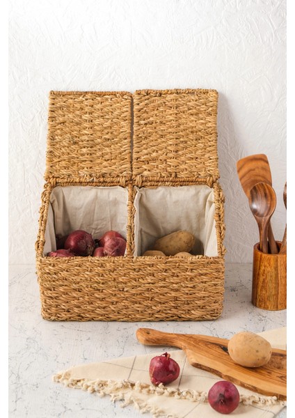 Fabien - 2 Bölmeli Iç Korumalı Hasır Kapaklı Çok Amaçlı Patates ve Soğan Sepeti