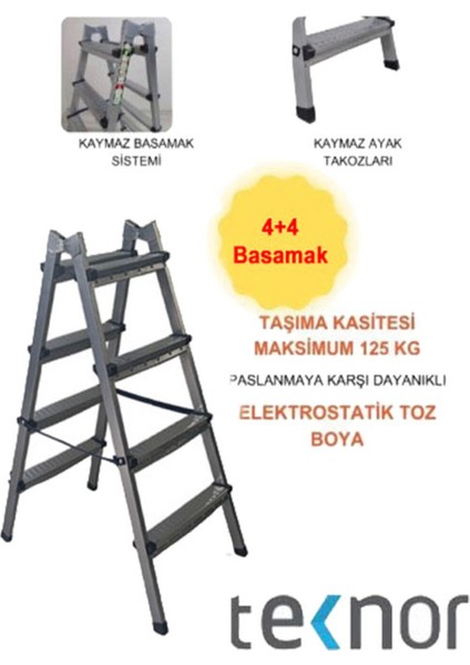 Çift Taraflı Dayanıklı 4+4 Metal Basamaklı Merdiven