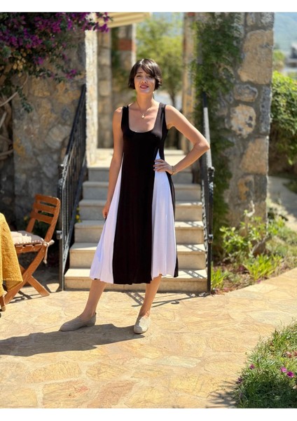 MS3123 Kolsuz Turlu Viskon Elbise Siyah Beyaz fırsatları